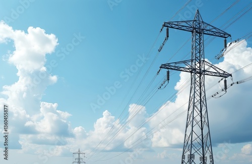 High voltage electric pylon against blue sky with clouds. Power lines transmit electricity across the landscape. Industrial structure supplies energy to the city. Energy tech.