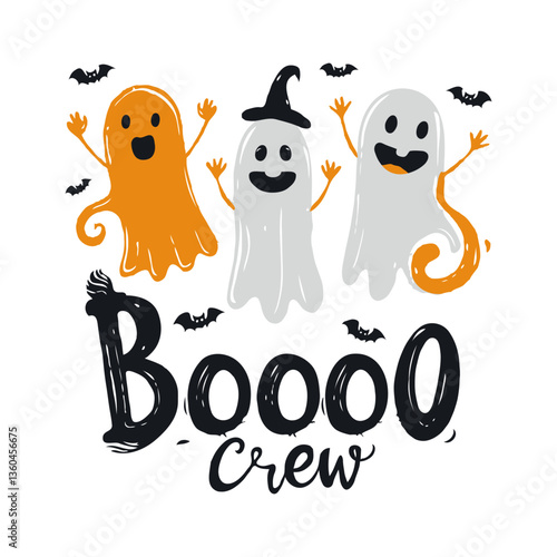Three playful ghosts with happy expressions and Boooo Crew text, surrounded by small bats on a white background. Fun Halloween concept