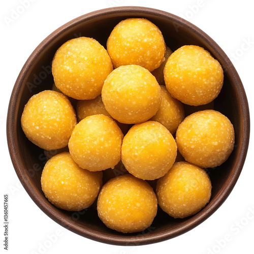 A bowl of besan laddu top view isolated on transparent background