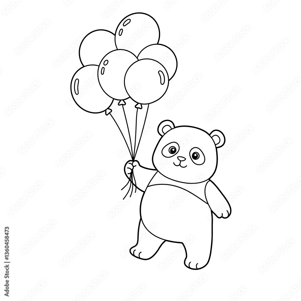 Line drawing of panda holding balloons, joyful expression, suggesting celebration, fun, or children's theme, ideal for cards or prints Line drawing of panda holding balloons, joyful expression, suggesting celebration, fun, or children's theme, ideal for cards or prints
