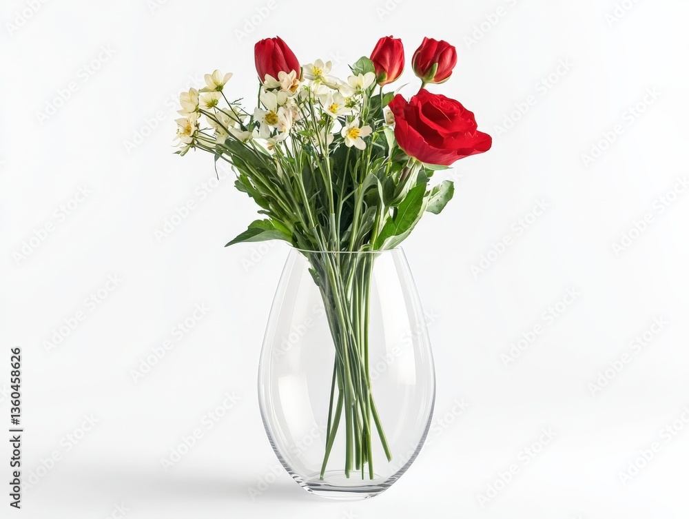 Fototapeta premium A clear vase with fresh flowers, minimal and isolated on a seamless white background,