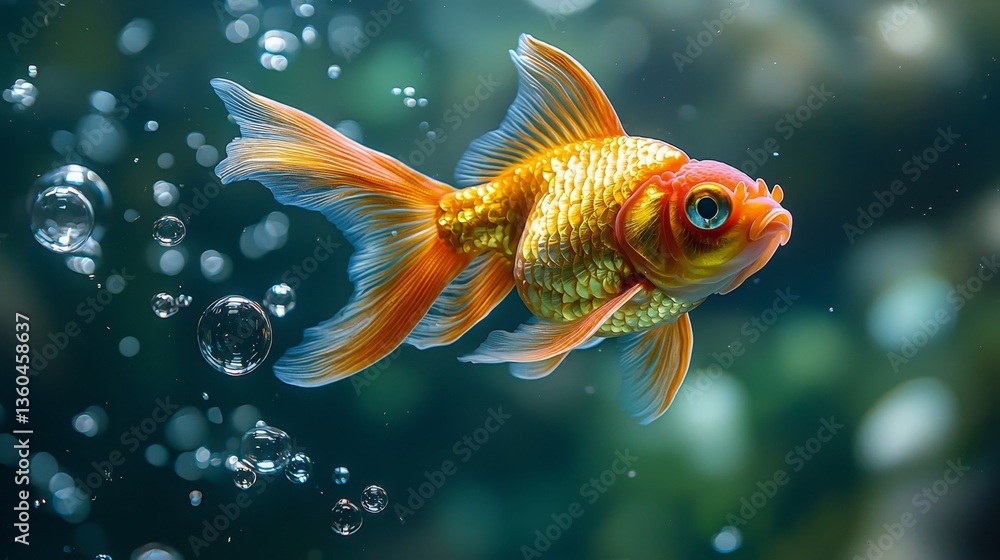 A goldfish swimming in an aquarium with bubbles A goldfish swimming in an aquarium with bubbles