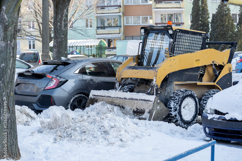 Snow Removal Operation in an Urban Parking Lot is essential during winter weather conditions
