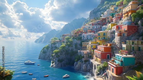 A stunning cliffside view of a seaside town, showcasing vibrant buildings nestled against the dramatic backdrop of the ocean and cliffs