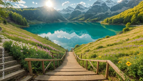 Fototapeta Naklejka Na Ścianę i Meble -  wooden path, path, down to mountain lake, mountain lake, lake, daisy meadow, daisy, meadow, alpine spring scene, spring scene, alpine, spring, floral, flowers, scenic, idyllic, peaceful, walkway, trai