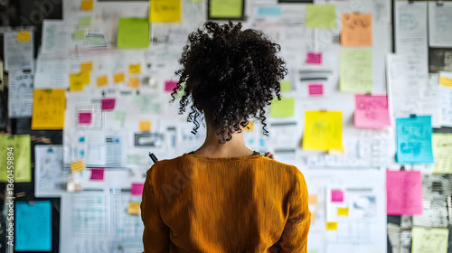 working on a large goal-setting chart on a wall, with different categories for personal and professional goals, taking action to achieve them 