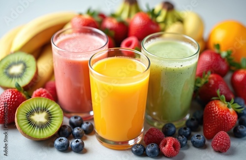 Three glasses of fresh fruit juice smoothies surrounded by fresh fruit assortment. Colorful healthy food with vibrant colors. Breakfast, snack, dessert, diet food. Strawberries blueberries orange