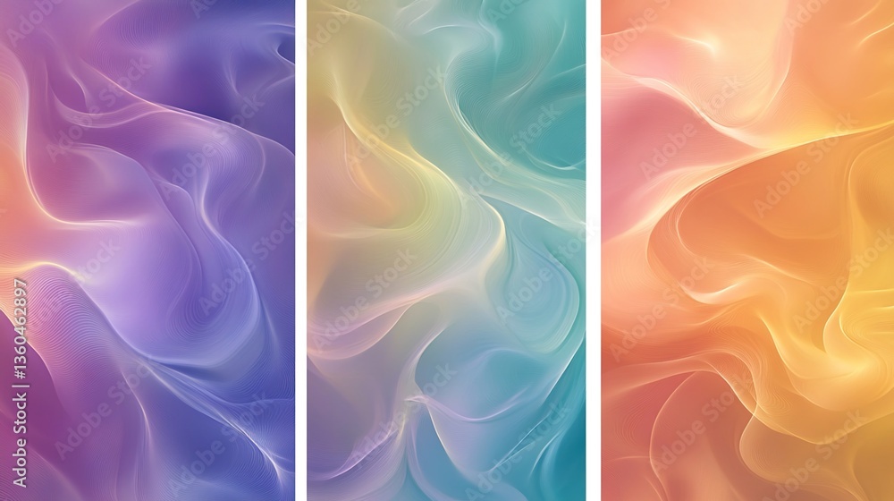 Obraz premium Three abstract background images with flowing colors, in orange - red, blue - purple, and pink - orange color schemes respectively, digital art, fluid effect