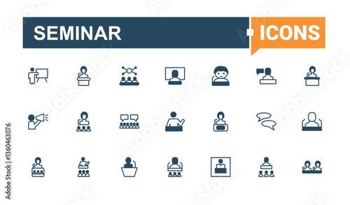 Seminar simple icon. Includes symbols for conversation, talk, presentation, debate and more. Public Speaking line icon set. Flat web icons. Editable stroke collections.