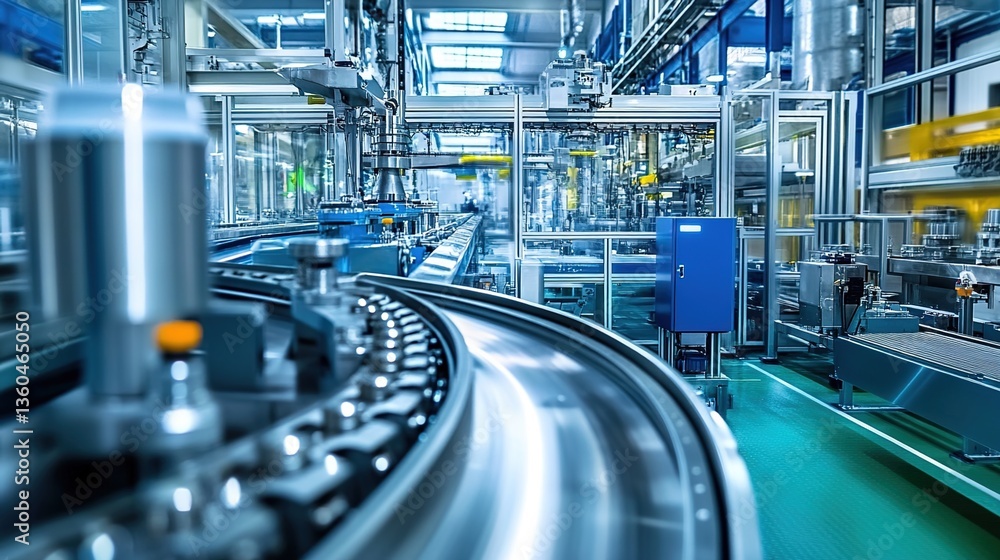 Fototapeta premium A modern industrial production line scene with metal equipment and conveyor tracks, some areas with motion blur effect, high - tech style, bright lighting