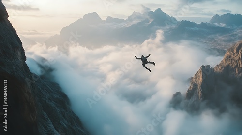 A person appears to be falling through clouds above a dramatic mountain landscape.