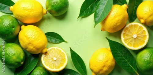 vibrant collection of tropical lemons and lime leaves, lemon tree, fruiting foliage
