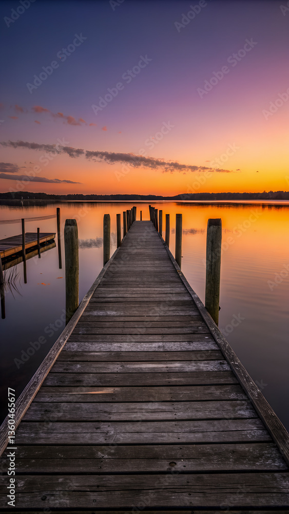 A tranquil wooden pier stretching into a serene lake at sunset with soft pastel skies reflections. A tranquil wooden pier stretching into a serene lake at sunset with soft pastel skies reflections.