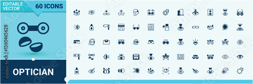 Optician icon collection. Contains related to eye, eyesight, focus, ocular, sight and more. Icons for website. Care line icon. Vector line and solid icons. Pixel perfect.