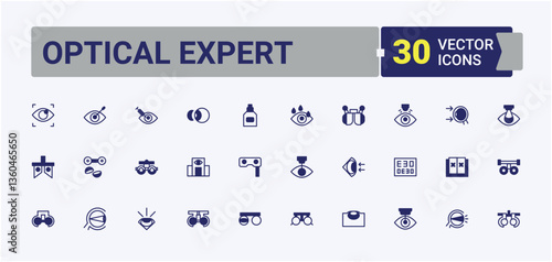 Optical Expert icon set. Contain linear symbols optometry, optical, optometrist, ophthalmologist, care, eyesight, ocular. Optician icon set. Icons for UI designs. Vector line and solid icons.
