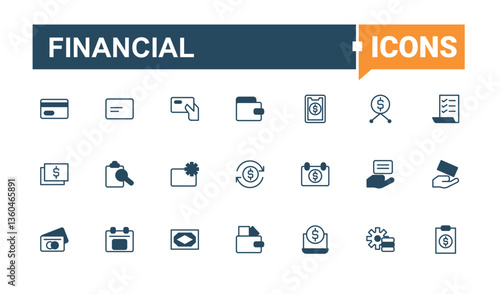 Set of Financial line icon. Contain linear sign currency, dollar, finance, account, coin, pay and more. Payment modern icon set. Minimal icons set. Vector line and solid icons. Pixel perfect.