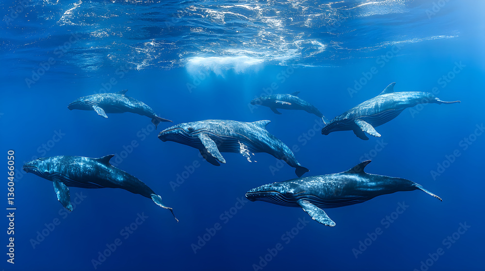 Obraz premium The playful movements of a pod of whales in the deep blue ocean create a stunning display of nature power and grace as they leap and dive together in harmony