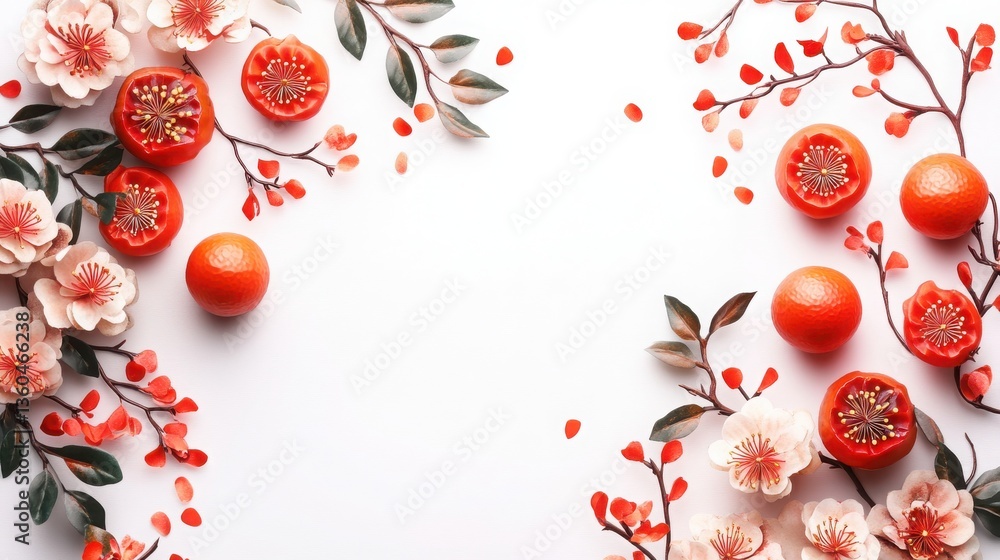 Fototapeta premium Autumn blossoms and persimmons in a balanced floral arrangement