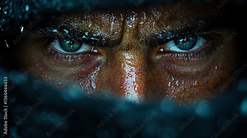 A close up of a man's face with water droplets on his eyes A close up of a man's face with water droplets on his eyes
