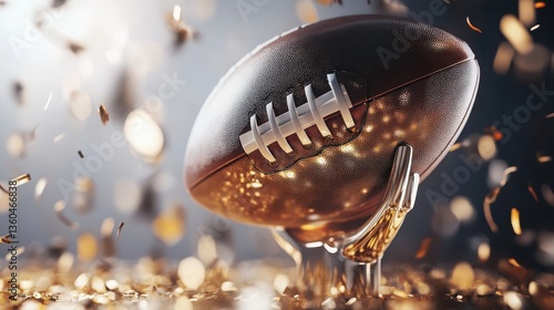 Golden football trophy with celebratory confetti