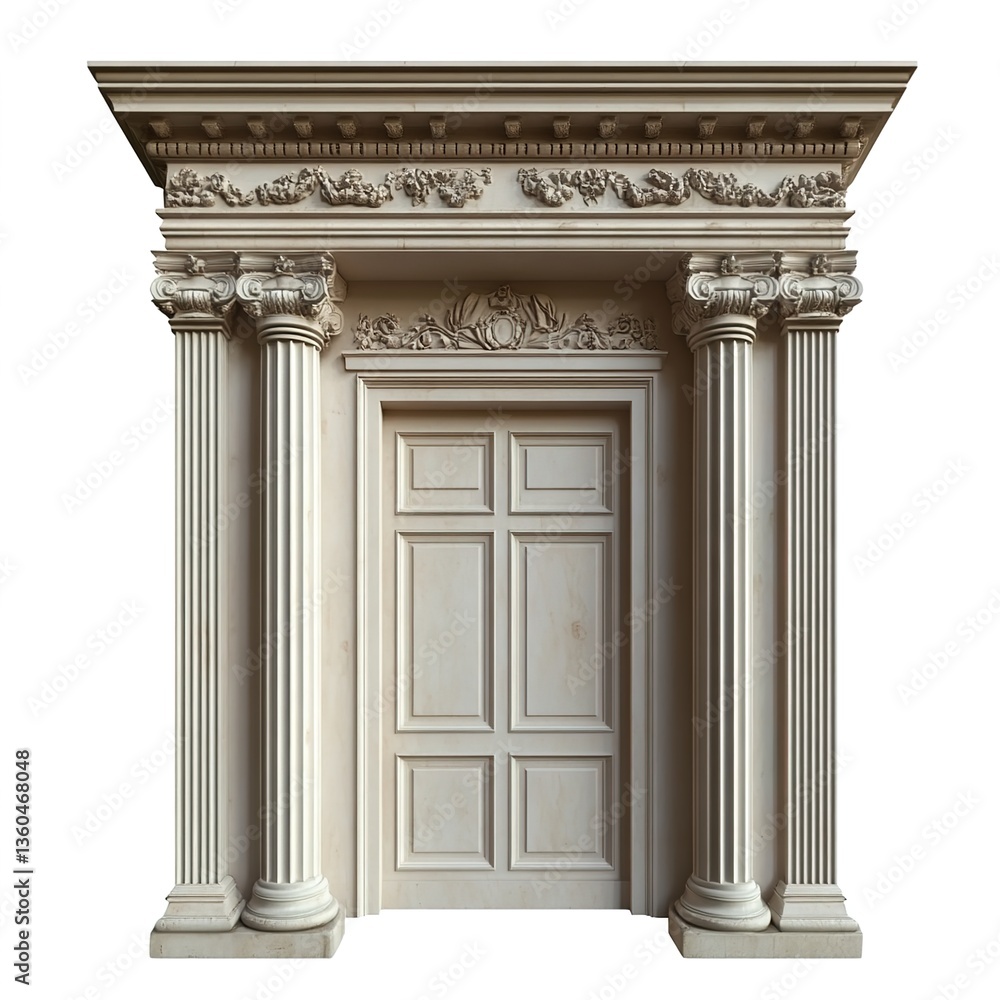 Obraz premium A light gray door with classical decorations, including columns and top carvings, against a pure white background, high - detail 3D render