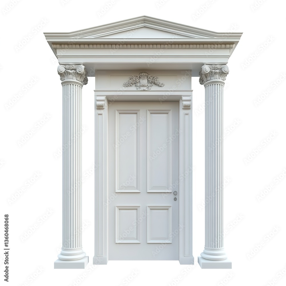 Obraz premium A light gray door with classical decorations, including columns and top carvings, against a pure white background, high - detail 3D render