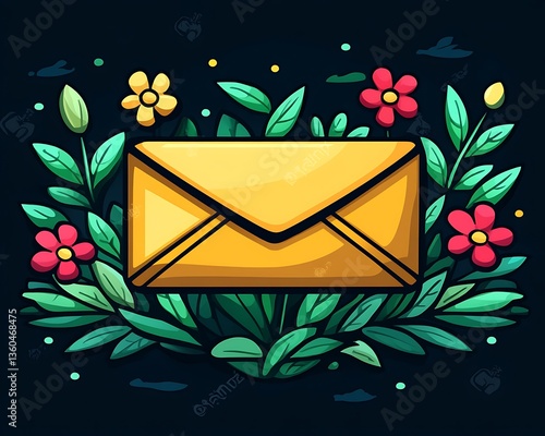 A colorful envelope is surrounded by flowers and green leaves