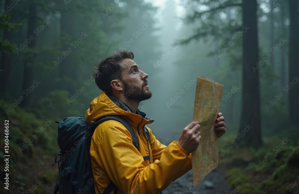 © Maryna - Male hiker lost in forest holding map looking for direction during rainy day. Young adult wearing yellow raincoat and backpack exploring nature on adventure. Foggy landscape with trees. © Maryna - Male hiker lost in forest holding map looking for direction during rainy day. Young adult wearing yellow raincoat and backpack exploring nature on adventure. Foggy landscape with trees.