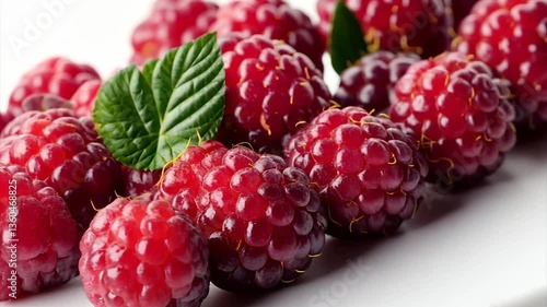 Wallpaper Mural Fresh red raspberries with green leaves arranged on a white surface Torontodigital.ca