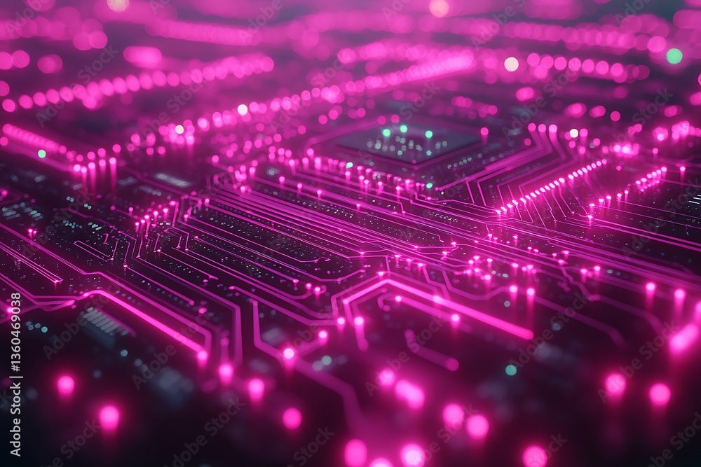 Obraz premium Pink glowing circuit board tech.