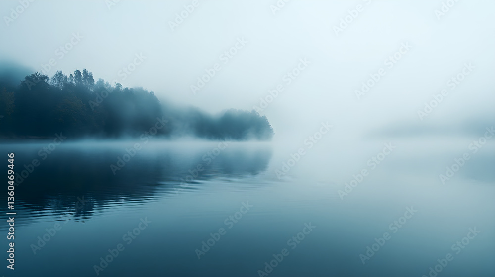 Fototapeta premium The serene morning fog that blankets the lake creates an ethereal atmosphere, where every surface appears smooth and flawless, offering a peaceful moment of reflection