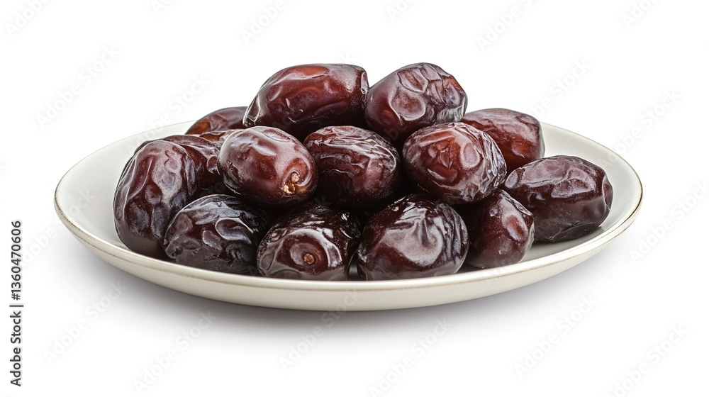 A plate with light yellow patterns filled with dark red dates, high - resolution, food photography A plate with light yellow patterns filled with dark red dates, high - resolution, food photography