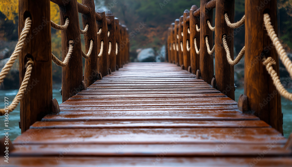 Fototapeta premium Wet Wooden Bridge Pathway Rope Railing Autumn Nature Scenery