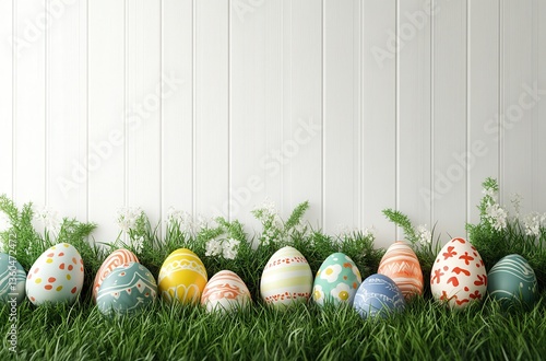 Colorful Easter eggs lined up in fresh green grass against a white wooden background creating a festive and cheerful holiday atmosphere