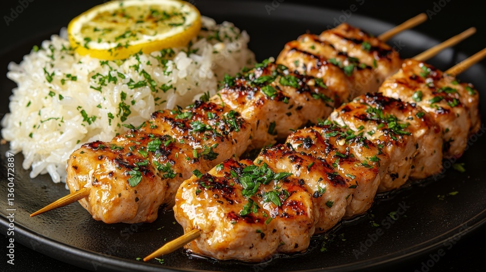 A black plate topped with chicken skewers and rice A black plate topped with chicken skewers and rice