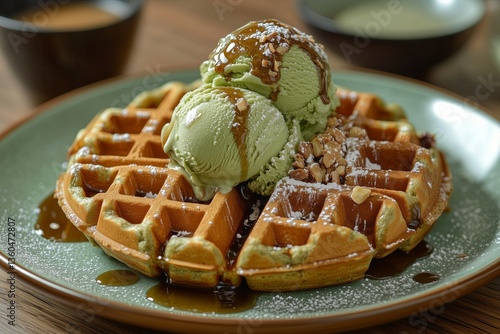 Waffles with syrup and matcha ice cream