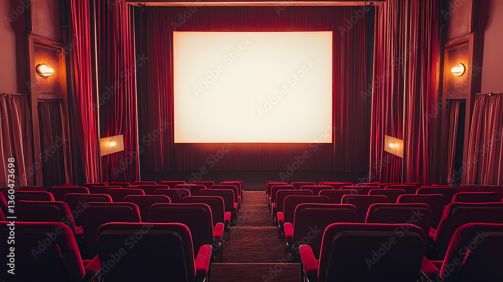 Obraz premium Empty cinema auditorium with red seats and lit white screen