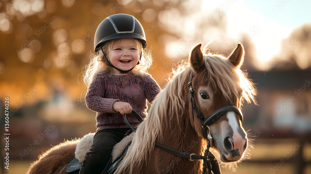 Obraz premium Happy little girl riding pony wearing helmet in autumn sunlight