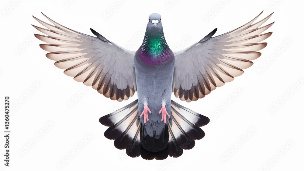 Obraz premium Pigeon in Flight with Fully Spread Wings Isolated on White Background
