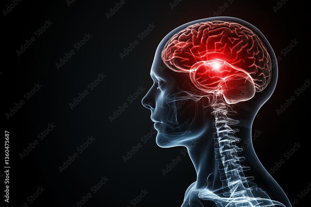 3d rendering of human head and brain in red highlighting neurological activity spine and nervous system anatomy concept 3d rendering of human head and brain in red highlighting neurological activity spine and nervous system anatomy concept