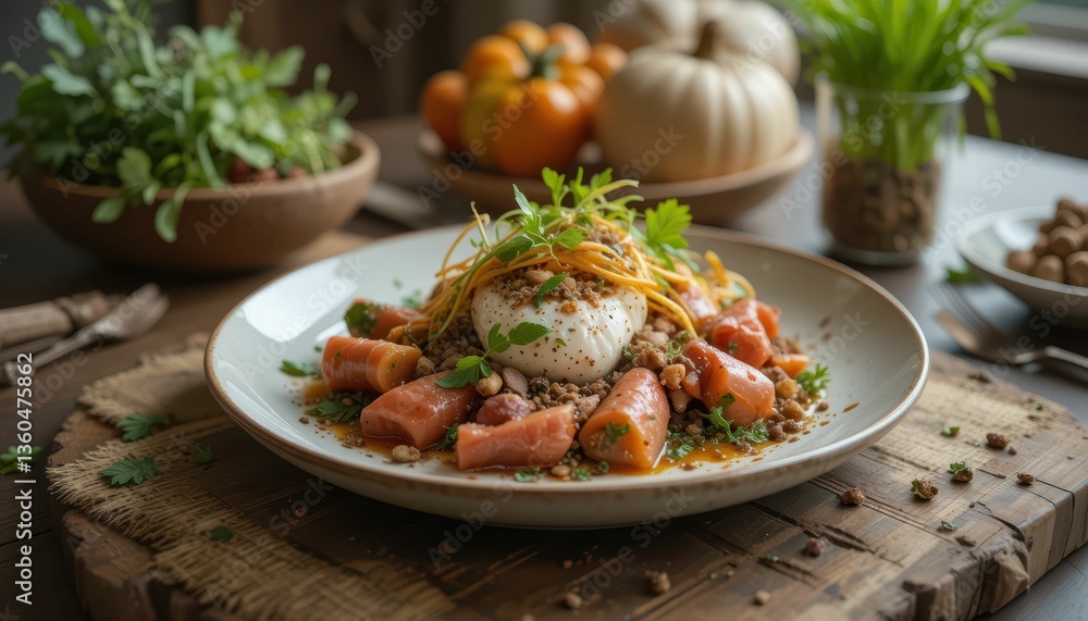 Artful Presentation of Gourmet Dish with Fresh Ingredients Artful Presentation of Gourmet Dish with Fresh Ingredients
