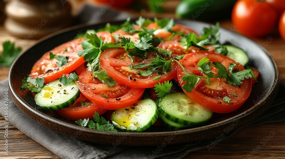 **A gourmet salad plate featuring fresh coriander leaves scattered over juicy tomato slices and crisp cucumber ribbons, placed on a rustic wooden table. **A gourmet salad plate featuring fresh coriander leaves scattered over juicy tomato slices and crisp cucumber ribbons, placed on a rustic wooden table.