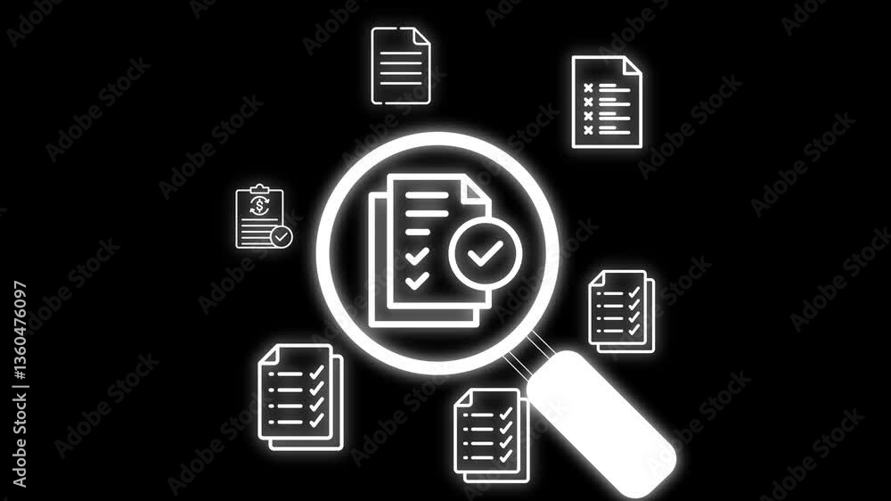 Document review process and quality control concept. magnifying glass over a document icon with checklist, Document review and approval. Certificate management, Audit, Standardization, 4k video Document review process and quality control concept. magnifying glass over a document icon with checklist, Document review and approval. Certificate management, Audit, Standardization, 4k video