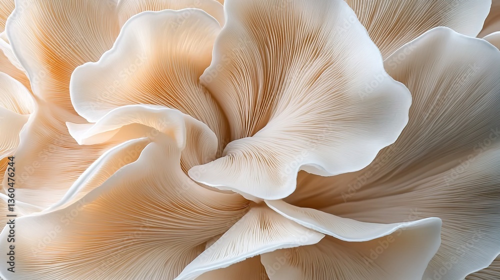 Close - up of a cluster of white mushrooms showing their pleated shapes, high - detail, macro, natural, soft lighting Close - up of a cluster of white mushrooms showing their pleated shapes, high - detail, macro, natural, soft lighting