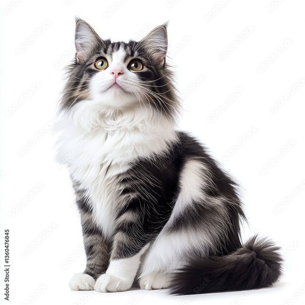 Maine Coon cat with fluffy black and white coat sitting elegantly and looking inquisitively Maine Coon cat with fluffy black and white coat sitting elegantly and looking inquisitively