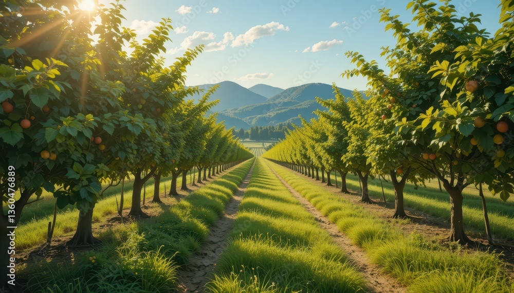 Naklejka premium Scenic Orchard Landscape with Rows of Fruit Trees and Mountains
