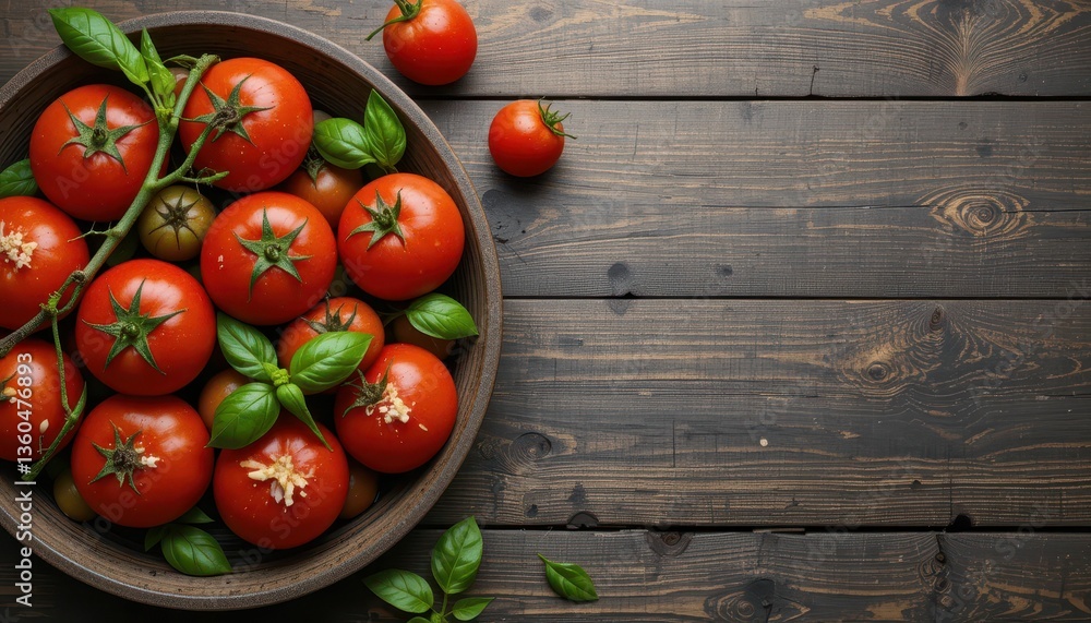Fresh Red Tomatoes in Wooden Bowl on Rustic Wooden Table Fresh Red Tomatoes in Wooden Bowl on Rustic Wooden Table