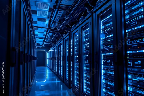 Data center with rows of fully operational server racks, highlighting the role of cloud computing, artificial intelligence, and supercomputing technology in modern digital infrastructure