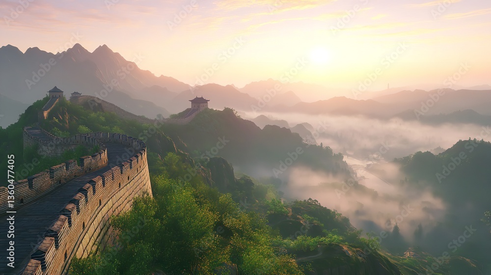 Naklejka premium Majestic sunrise illuminates the Great Wall of China amidst serene mountain landscape