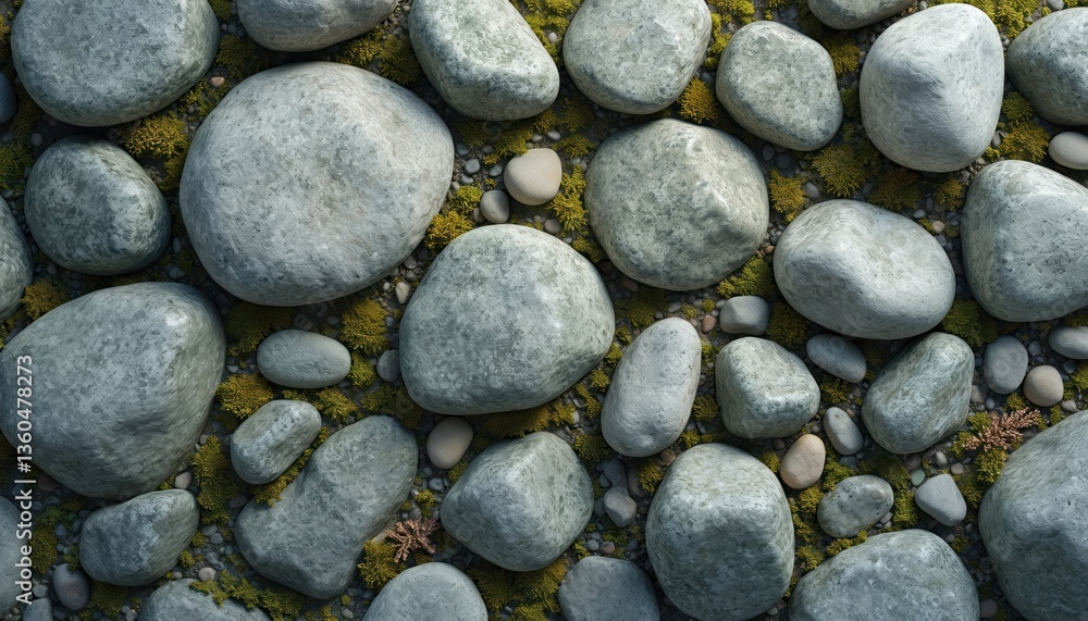 Smooth river stones with gray green shades. Moss details create natural tranquil effect. Earthy design. Zen garden, stone garden, relaxation scene. Natural beauty calm atmosphere. Smooth river stones with gray green shades. Moss details create natural tranquil effect. Earthy design. Zen garden, stone garden, relaxation scene. Natural beauty calm atmosphere.